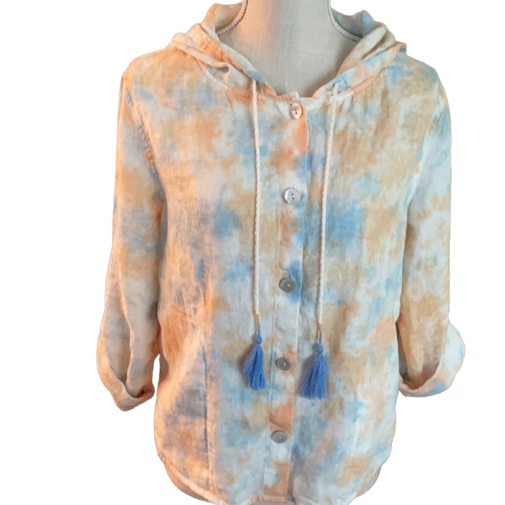 100% Linen Rachel Zoe Hooded Top Orange & Blue Size S Summer Vibe
